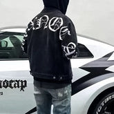 Hearujoy Cleanfit Pu Lightning Embroidery Black Jeans Jacket for Men and Women Vintage Casual Windbreaker Denim Coat Oversized Loose Tops